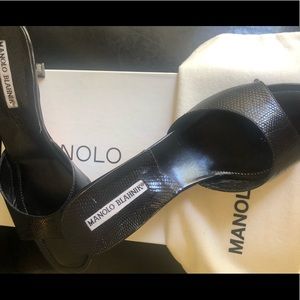Manolo Blahnik Black Lizard Nero Slides.